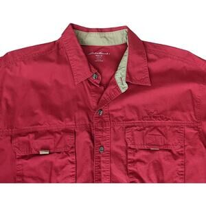 EUC MENS EDDIE BAUER 100% COTTON RED SHORT SLEEVE BUTTON DOWN SHIRT SIZE LARGE